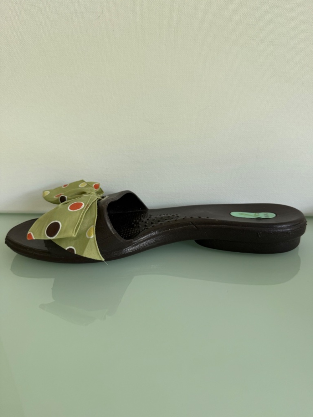 Okabashi Brown Slide Sandals Green Bow Polka Dot Open Toe Slip On Size M - Picture 5 of 14